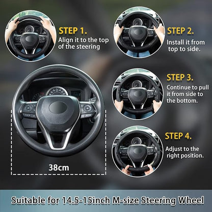 Car Steering Wheel Cover Beige, 14.5-15 inch Steering Wheel Covers with Coasters Microfiber Leather Carbon Fiber Breathable Anti-Slip Durable Universal Auto Steering Wheel Protective