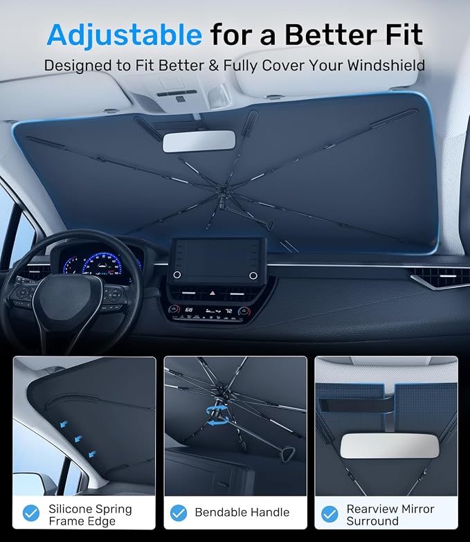 Zanch 2026 Upgraded Car Windshield Sun Shade [Cool Down by 75℉ ] with Heat Insulation Coating, Foldable Sunshade Umbrella with Flexible Handle & Ribs, Small (29''x53'') for Compact Cars, SUVs