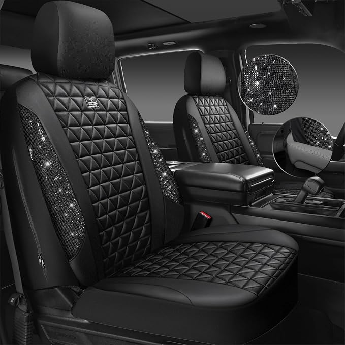 CAR PASS Bling Diamond Leather Car Seat Covers 2 Front Seats Interior Sets, Waterproof Shining Glitter Sparkly Crystal Universal Armrest Fit Automotive Truck SUV Cute Women Girl, Black PU Rhinestone