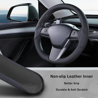 Steering Wheel Cover for 2017-2023 Tesla Model 3 2020-2024 Tesla Model Y, Leather Steering Wheel Cover for Tesla Model 3/Y Accessories, Black
