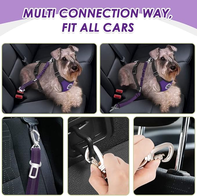 Lukovee Dog Car Harness Seat Belt, Adjustable Mesh Breathable Vest with Elastic Bungee Tether, Soft Padded 2-in-1 Safety Car Harness Seatbelt for Small Medium Large Dogs (Purple,L)