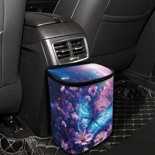 Talayituse Butterfly Daisy Floral Print Car Trash Can with Lid, Leak Proof Auto Trash Bag Hanging Vehicle Garbage Can Multipurpose Storage Container for Back Seat Road Trip