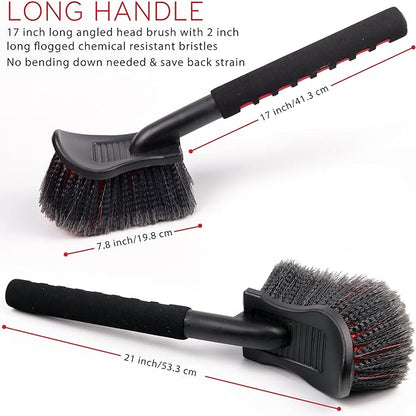 TAKAVU 17.5" Wheel Tire Body Brush Red Soft Bristle - Gentle Car Wash Brush Long Handle for Safe Tire Sidewall & Wheel Cleaning - Scratch - Free Automotive Tool