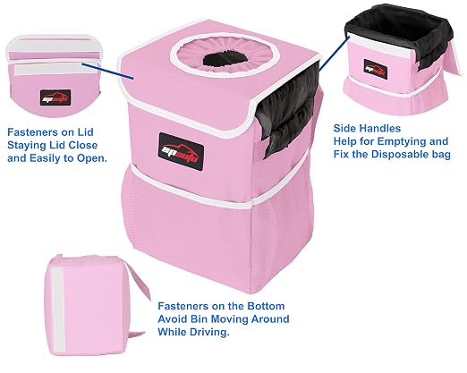 EPAuto Waterproof Car Trash Can with Lid and Storage Pockets, 2.5 Gallon Leakproof, Pink
