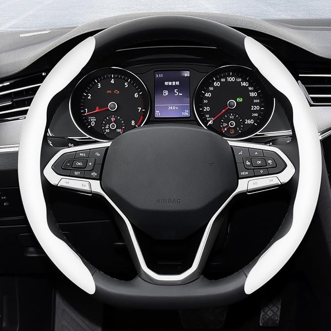2-Piece Steering Wheel Cover, Carbon Fiber Segmented Steering Wheel Protector, Universal and Anti-Slip Durable Car Leather Protective Cover, Car Interior Accessories for Women and Men (White)