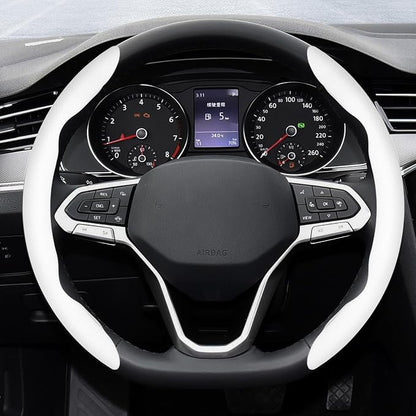 2-Piece Steering Wheel Cover, Carbon Fiber Segmented Steering Wheel Protector, Universal and Anti-Slip Durable Car Leather Protective Cover, Car Interior Accessories for Women and Men (White)