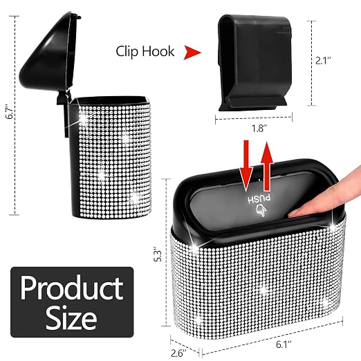 NBTEPEM Bling Car Trash Can with Lid - 2 Pack, Mini Auto Garbage Can with 60 Trash Bags, Automotive Garbage Container Bin, Bling Car Accessories Trash Can for Women (Silver Diamond)