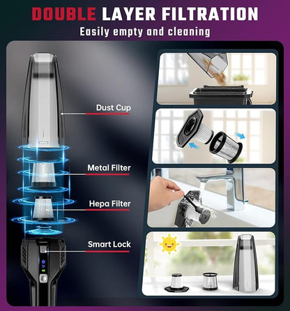 Handheld Vacuum Cordless, 9000PA Strong Suction, 2 Suction Modes, Fast Type-C Charging, Lightweight, Portable Car Vacuum Cleaner for Home Pet Office.