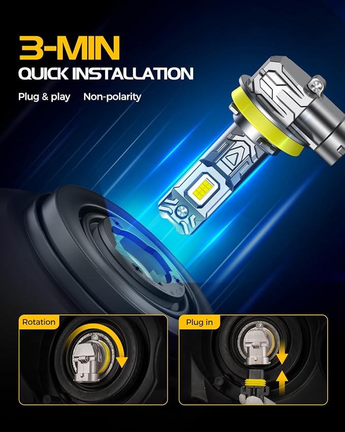 9005 h11 Light Bulbs, 8X Ultra Brightness hb3 h8 h9 Lights, 6500K Cool White Bulbs, Real 1:1 Mini Size Plug and Play, IP68 Waterproof, Pack of 4
