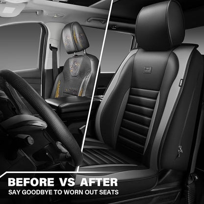CAR PASS Nappa Leather Car Seat Covers Front Seats, Luxury Seat Protector for Cars, Waterproof Anti-Slip Seat Cushion Armrest Compatible Airbag Universal for SUV Pick-up Truck Automotive, Black Gray