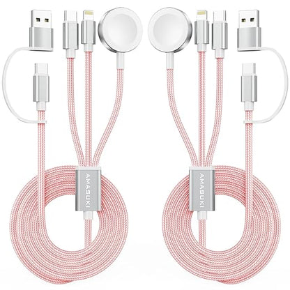 2Pack Travel Essentials for Apple Watch Charger,Cruise Vacation Camping Essentials,iPhone Charger,Multi Charging Cable,3 in 2 Charging Docks for iWatch Series 11-2/Ultra,iPhone 17-12,Car,Pink