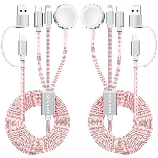 2Pack Travel Essentials for Apple Watch Charger,Cruise Vacation Camping Essentials,iPhone Charger,Multi Charging Cable,3 in 2 Charging Docks for iWatch Series 11-2/Ultra,iPhone 17-12,Car,Pink