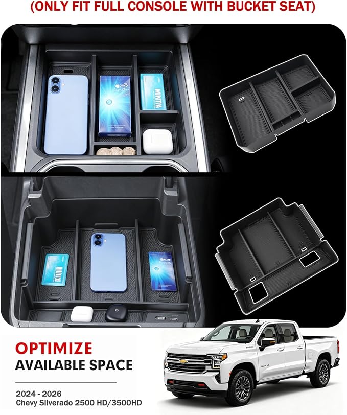 Autorder 2PCS Center Console Organizer for 2024-2026 Chevy Silverado 2500HD/3500HD Accessories - Armrest Storage Tray - (Full Console w/Bucket Seats Only)
