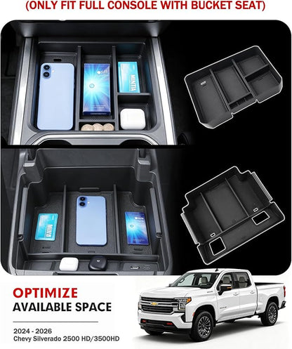 Autorder 2PCS Center Console Organizer for 2024-2026 Chevy Silverado 2500HD/3500HD Accessories - Armrest Storage Tray - (Full Console w/Bucket Seats Only)
