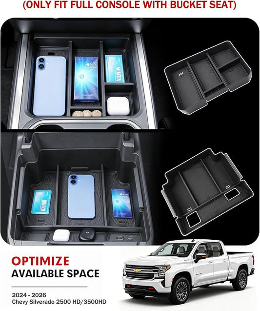 Autorder 2PCS Center Console Organizer for 2024-2026 Chevy Silverado 2500HD/3500HD Accessories - Armrest Storage Tray - (Full Console w/Bucket Seats Only)