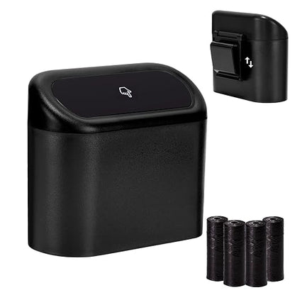 Ginsco Mini Car Trash Can with Lid, Small Car Garbage Can, Cute Leakproof ABS Car Trash Bin, Car Accessories for Interior, Garbage Bin for Car, Home, Office with 60pcs Trash Bags Black