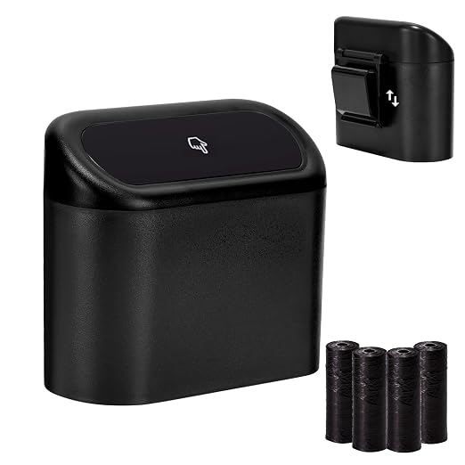 Ginsco Mini Car Trash Can with Lid, Small Car Garbage Can, Cute Leakproof ABS Car Trash Bin, Car Accessories for Interior, Garbage Bin for Car, Home, Office with 60pcs Trash Bags Black