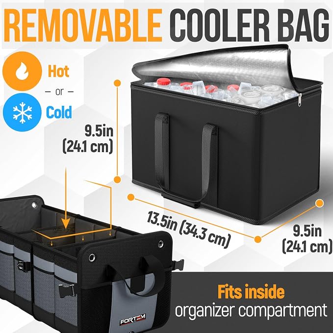 FORTEM Trunk Organizer with Cooler For SUV Car Organizer and Storage, Collapsible Multi-Compartment, Perfect Christmas Gifts For Men, Women, 1680D Oxford, Non Slip Bottom, Straps, Soft Cover 110L