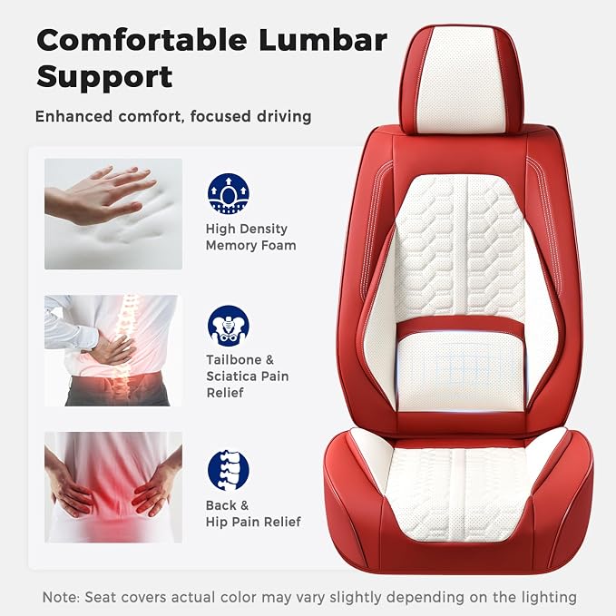 Huidasource Leather Seat Covers Universal Fit for Most Cars SUV Trucks, Waterproof Full-Cover Seat Covers Front Seat, Car Seat Cushion Cover Protector with Lumbar Support, Red & White