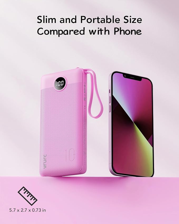 VRURC Portable Charger, Built-in 4 Cables Power Bank 10000mAh, Lightweight USB C Portable Phone Charger, 5 Output 2 Input Compatible with Smart Phones,Samsung,Android etc-Purple(1 Pack)