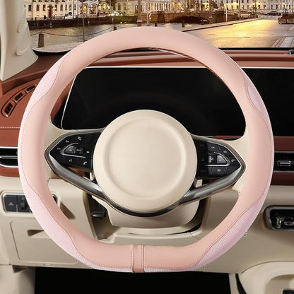 14 inch D Shaped Steering Wheel Cover for Prius Civic, Nappa Microfiber Leather Non-Slip Breathable Fabric, Warm in Winter and Cool in Summer, Pink Small 13.5 inch to 14 inch