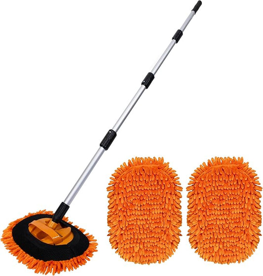 Suds Lab EM Extendable Wash Mitt with 170° Telescopic Handle – 58" Car Wash Mop with 2 Scratch-Free Chenille Microfiber Car Washing Mitts for SUVs, RVs and Trucks