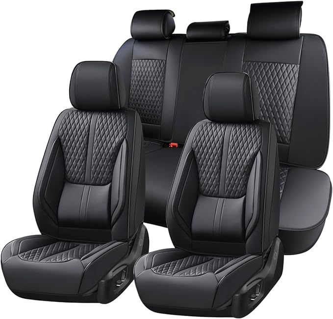 Huidasource Seat Covers, Luxury Nappa Leather Car Seat Cover with Velcro Adjustable, Airbag, Lumbar Support, Cooling ＆ Heating, Seat Covers Full Set Universal Fit for Most Cars SUV Trucks, Black