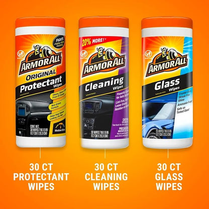 Armor All Protectant, Glass and Cleaning Wipes, Wipes for Car Interior and Car Exterior, 30 Count Each (Pack of 6)