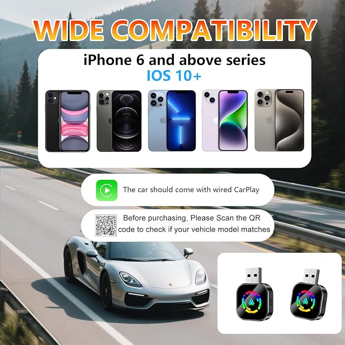 Wireless Carplay Adapter for iPhone,Carplay Wireless Adapter for Car with Wired CarPlay,Mini Compact Design with USB/Type-C Port,Plug and Play,Stable Connection & No Delay-Black