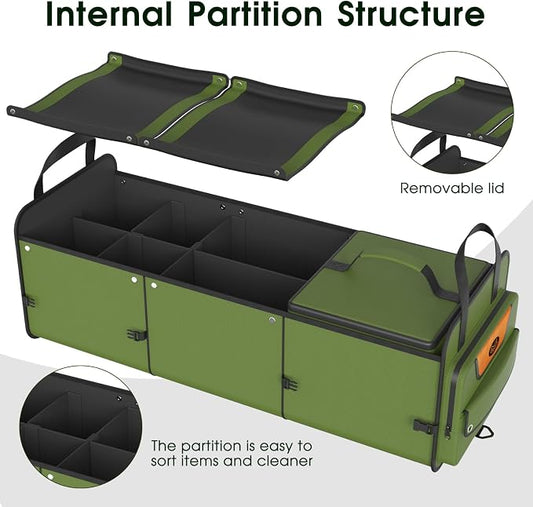SugarFox Car Trunk Organizer for SUV, Heavy Duty Waterproof Trunk Organizer, Foldable Collapsible Car Organizer with Cooler, Multi-Compartment Large Trunk Organizer (95L), Green-M003