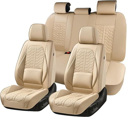 Huidasource Car Seat Covers, Beige Seat Covers Nappa Leather, Waterproof Automotive Seat Covers, Universal Seat Covers Full Set with Lumbar Support Fit for Most Cars SUV Trucks