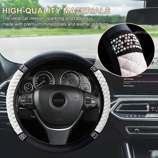 Soft Leather Car Steering Wheel Cover, Universal 15 Inch Colorful Rhinestones Anti-Slip Elastic Steering Wheel Covers for Most Cars, Sparkly Crystal Diamond for Women Girls (White)