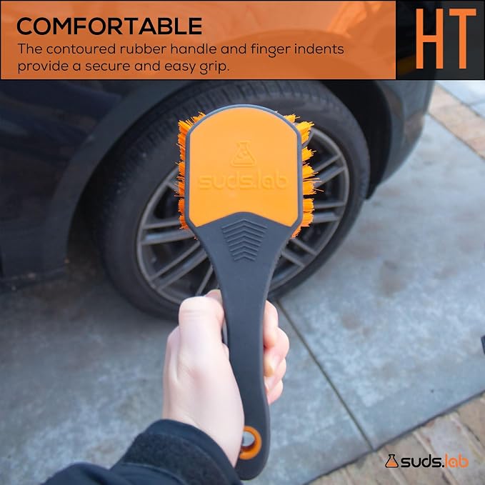 Suds Lab Heavy Duty Tire Brush Rubberized Handle Soft Bristle Car Detailing Wheel Brush, Rim, Wheel, Dust Cleaner Brush