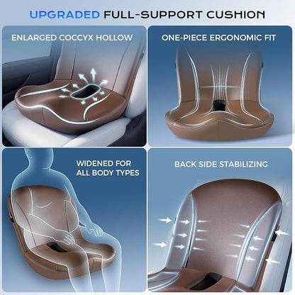 Coverado Car Seat Cushion and Lumbar Support Pillow One Piece, Napa Leather Memory Foam Ergonomic Back Support Driving Seat Cushion for Back Pain, Non-Slip Washable Cushion for Car, Driver, Office