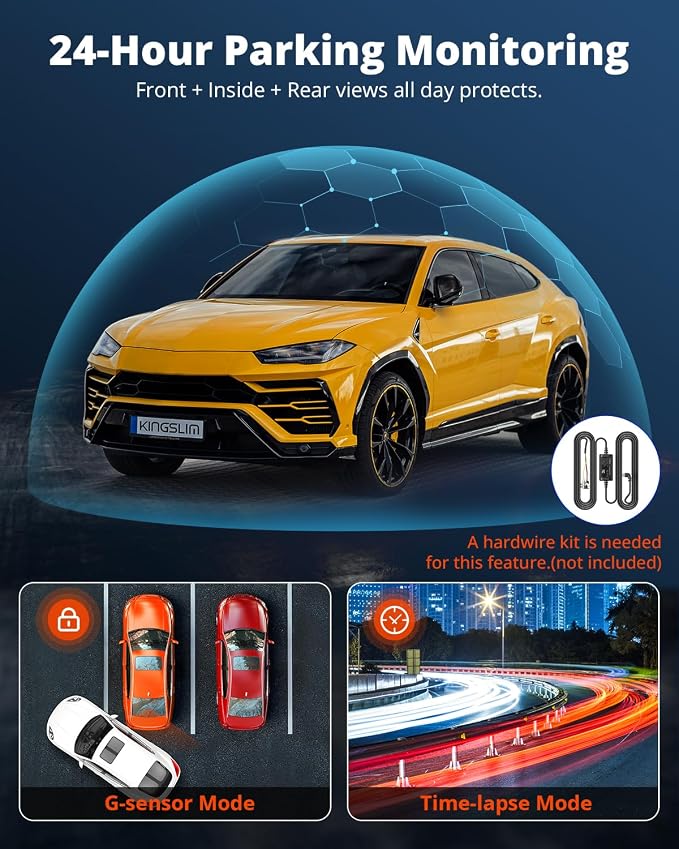 Kingslim 3 Channel 5G WiFi Dash Cam with 64GB Card, 2.5K/1080P Front and Rear Inside Dashcam, 2.5K/1080P/1080P Three Way Dash Camera for Cars Auto IR Night Vision, Loop Recording, APP Control(O3PRO)