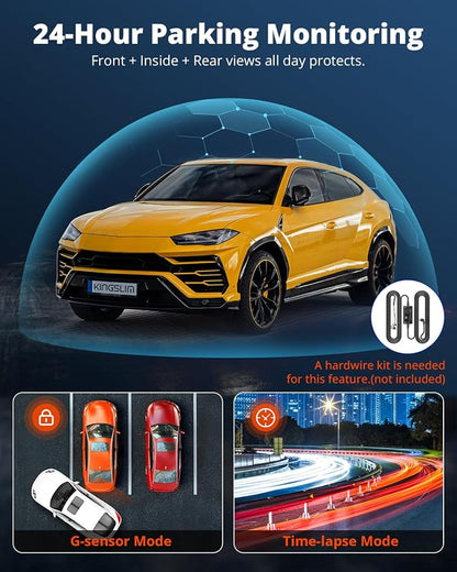 Kingslim 3 Channel 5G WiFi Dash Cam with 64GB Card, 2.5K/1080P Front and Rear Inside Dashcam, 2.5K/1080P/1080P Three Way Dash Camera for Cars Auto IR Night Vision, Loop Recording, APP Control(O3PRO)