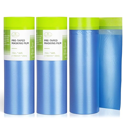 Tangibay Pre-Taped Masking Film for Painting - 70" x 66' Painters Plastic Sheeting for House & Automotive Paint, Tape and Drape for Covering Cars, Walls, Windows and Furniture Protection (3 Rolls)