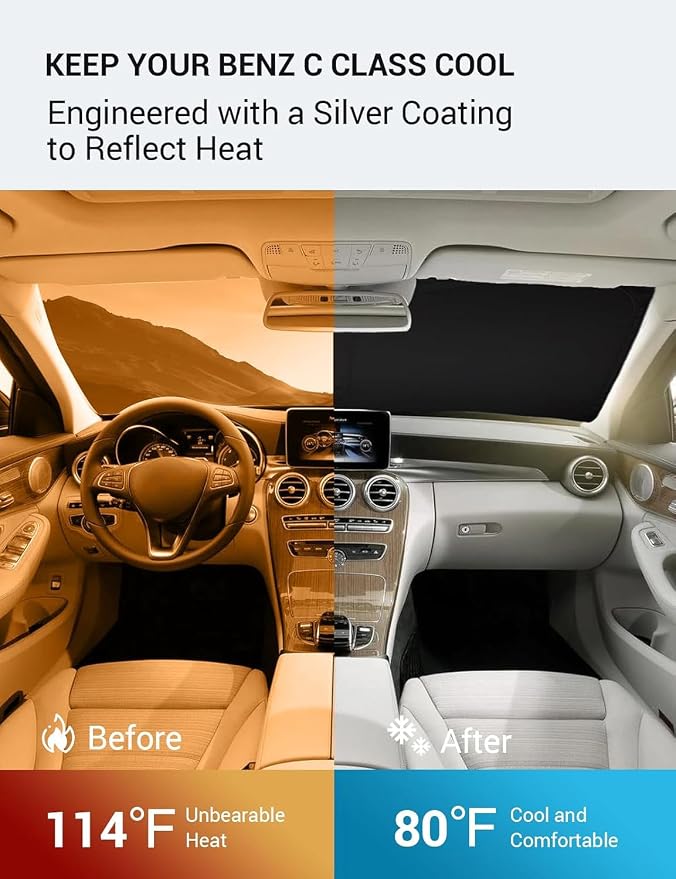 Proadsy 2026 Upgrade Windshield Sun Shade Custom Fit 2008-2014 C Class Foldable Front Sunshade Protector Sun Visor Blocks UV Rays Keep Car Cooler