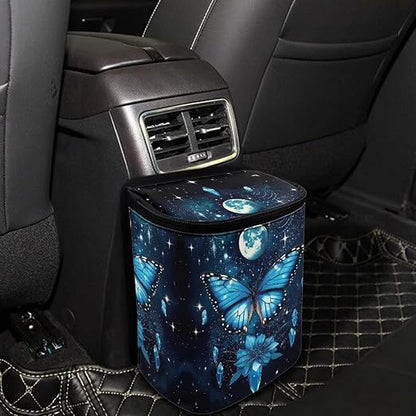 Butterfly Floral and Moon Pattern Car Trash Can with Lid and Zipper Portable Foldable Trash Bin for Car Interior Accessories Multipurpose Garbage Can Bags Storage Organizer
