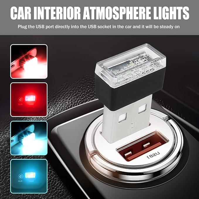 4 PCS USB LED Car Interior Atmosphere Lamp, Portable Mini Auto LED Decor Night Light, Plug-in USB Interface Ambient Lighting Kit, Universal Car Interior Accessories (Red+Ice Blue)