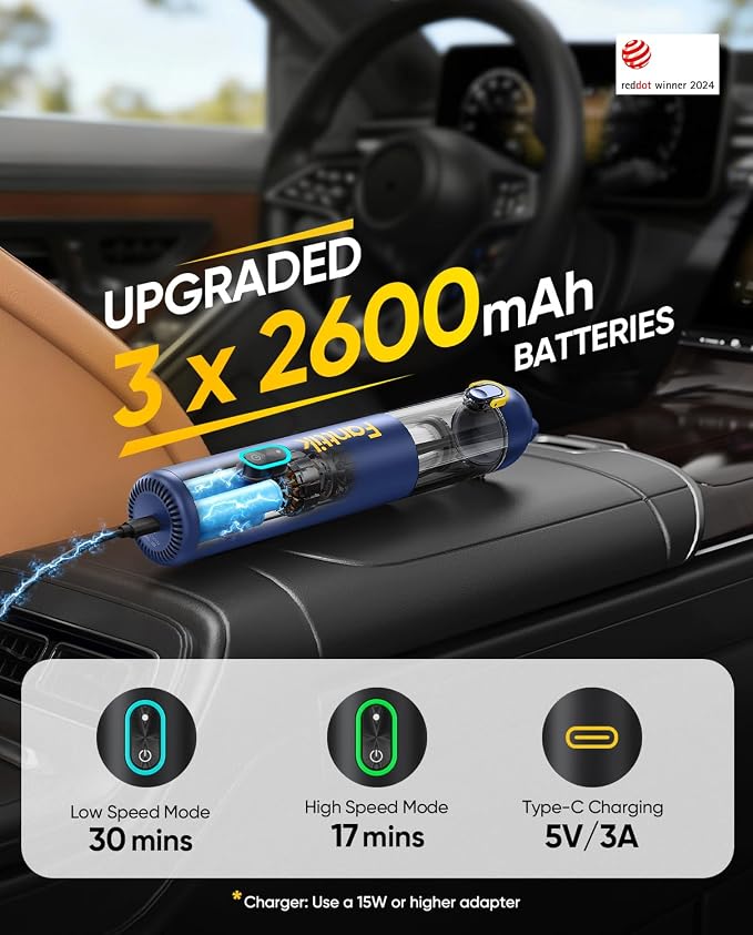 Fanttik V8 Mate Upgraded Cordless Car Vacuum, Portable Mini Vacuum with 13000pa Suction Power, 2 Suction Modes, Type-C Charge, Handheld Vacuum for Car, Small Tasks, Keyboards, Office Desk (Blue)