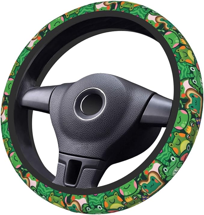 Green Frog Steering Wheel Cover for Women,Universal Auto Steering Wheel 14-15 Inch Car Interior Accessories with 2PCS Car Coasters,Suitable for Men and Women
