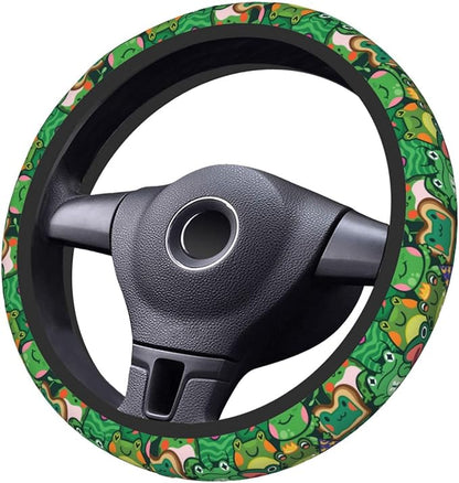 Green Frog Steering Wheel Cover for Women,Universal Auto Steering Wheel 14-15 Inch Car Interior Accessories with 2PCS Car Coasters,Suitable for Men and Women
