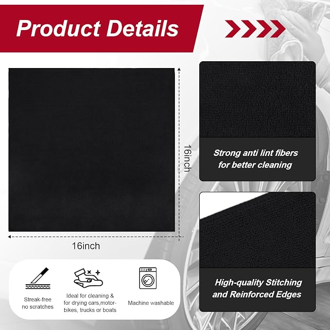 Oudain 200 Pcs Microfiber Cleaning Cloth 16x16 Inch Microfiber Towels for Car Ultra Absorbent Cleaning Rags Reusable Lint Free Streak Free Detailing Towel for Car Washing Drying Dusting (Black)