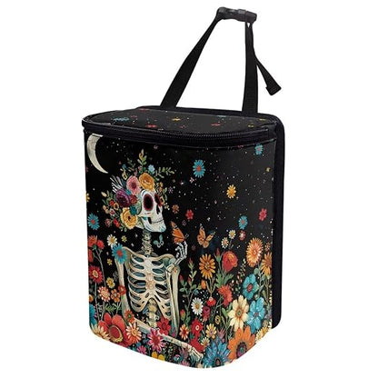 Skull Colorful Flowers Starry Night Pattern Car Trash Can Leakproof Garbage Bag with Lid and Zipper 1.2Gal Trash Bin Hanging for Back Seat Halloween Car Decor