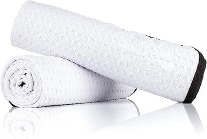 The Rag Company Dry Me A River, Professional Korean 70/30 Blend Microfiber Waffle-Weave Drying & Detailing Towels, Soft Suede Edges, 390 GSM, 20x40 Inches, White, 2-Pack