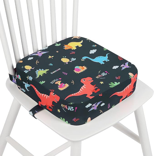 Toddler Booster Seat for Dining Table, 4" Kids Booster Seat for Kitchen Chair with Non-Slip Bottom, Portable Detachable Washable Increasing Cushion with 2 Adjustable Straps (Dinosaur)
