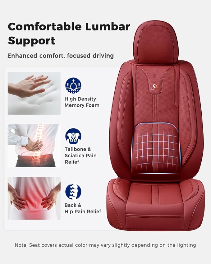 Huidasource Red Front Seat Cover Luxury Nappa Leather, Front Car Seat Cover with Airbag, Front Storage Pocket, Lumbar Support, Cooling＆Heating, Seat Covers Universal Fit for Most Cars SUV Trucks, Red