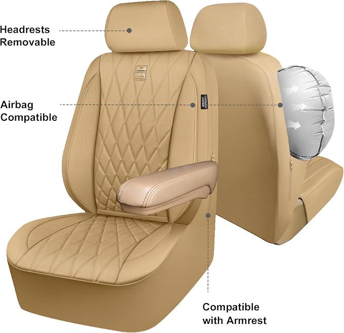 CAR PASS Piping Luxury PU Leather Two Front Car Seat Covers, Waterproof Anti Slip Seat Covers Compatible with Front Seat Armrests,Universal Fit for Suvs,Vans,Trucks,Airbag Compatible(All Beige)