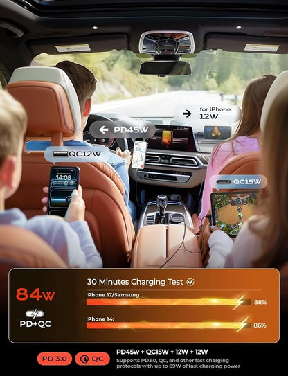 LISEN Retractable Car Charger, 84W Car Charger USB C Fast Charger, Cigarette Lighter USB Charger Adapter, Car Accessories Birthday Gifts for Men Women Dad Mom Husband, for iPhone 17 16 15 14 13 12 11